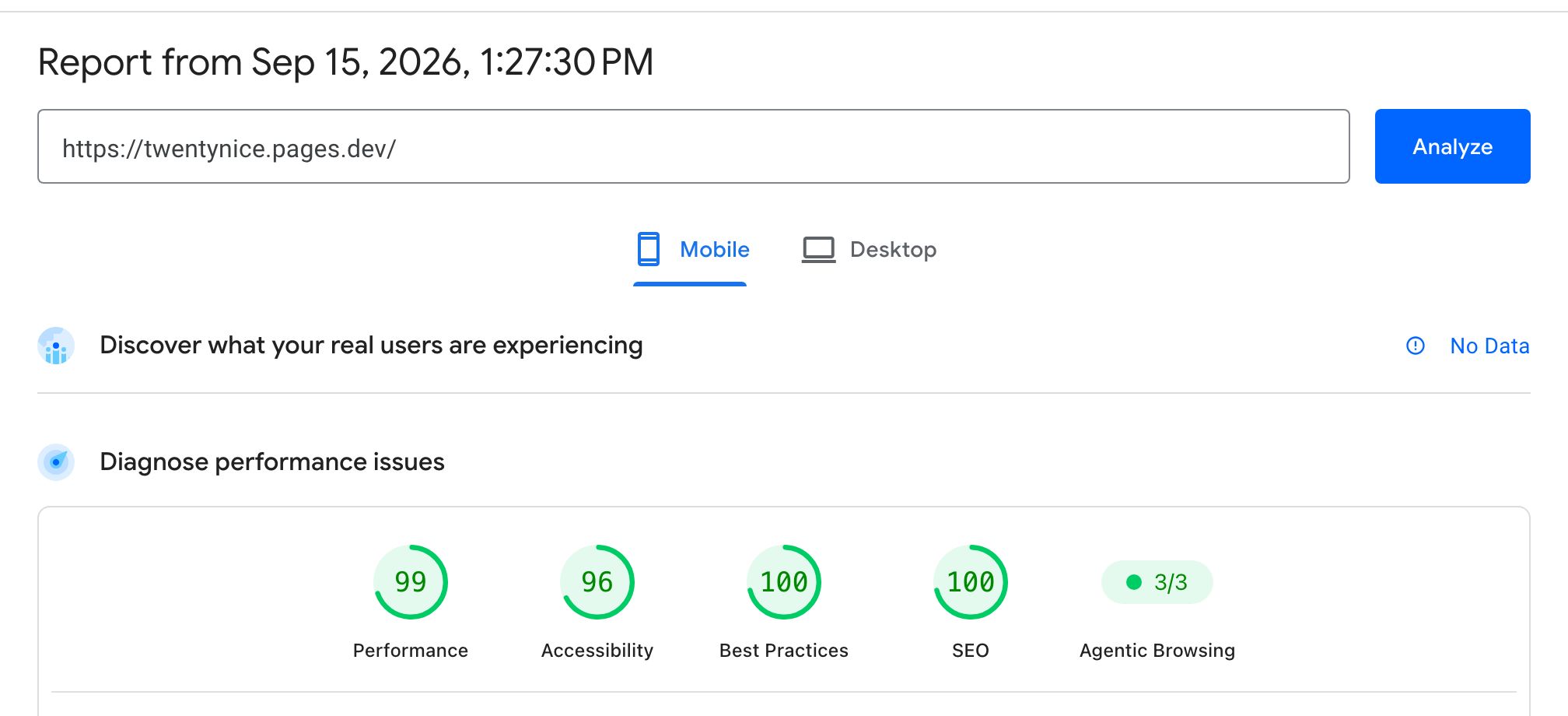 Google PageSpeed Insights voor twentynice.pages.dev: prestatie 99, toegankelijkheid 96, best practices 100, SEO 100, agentic browsing 3 van 3