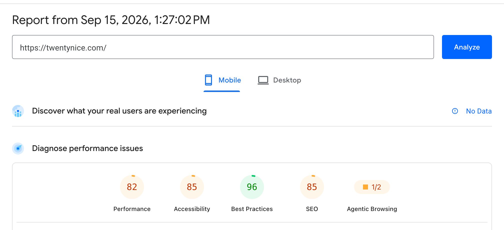 Google PageSpeed Insights voor twentynice.com: prestatie 82, toegankelijkheid 85, best practices 96, SEO 85, agentic browsing 1 van 2